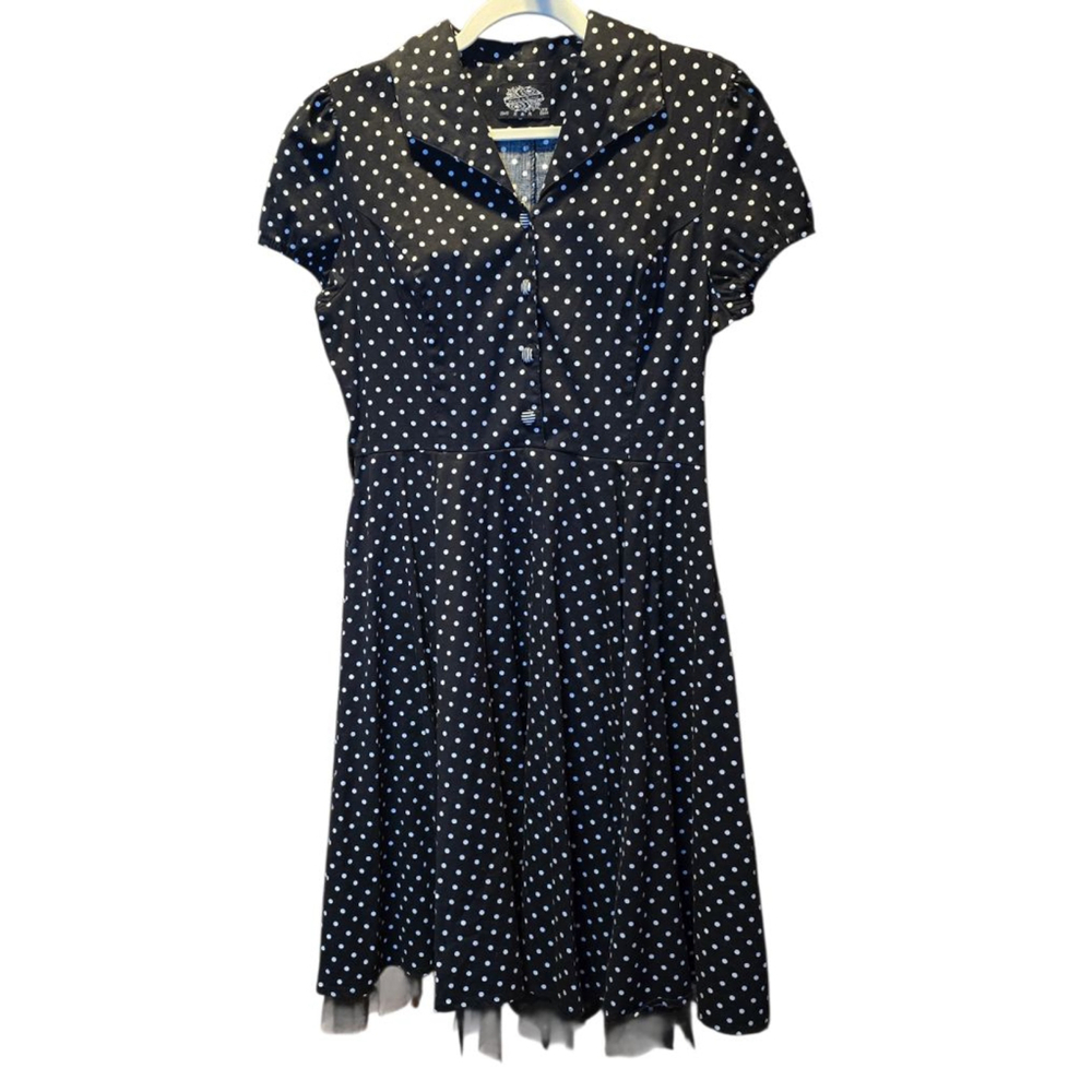 Women's Vintage Hearts & Roses Black White Polka Dot Pin Up Dress Size 12